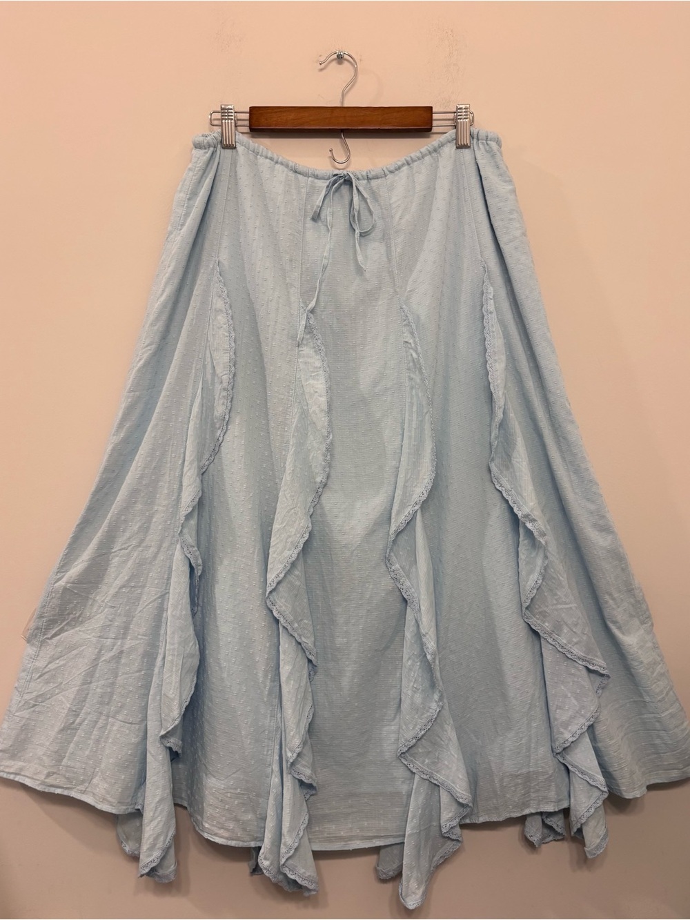 American Eagle Maxi Skirt Cascade Ruffle Textured Cotton Light Blue Boho Size L - Picture 4 of 12